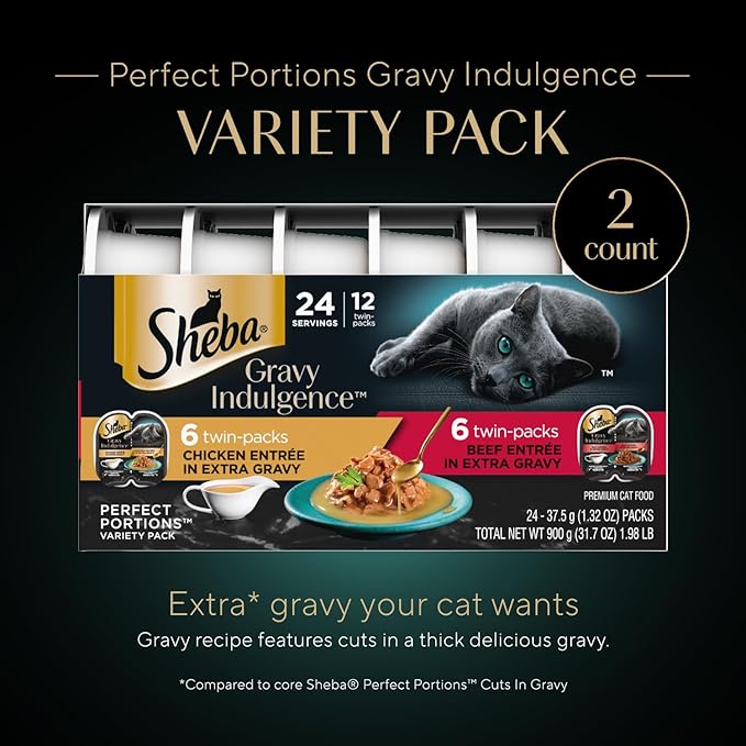 Sheba Gravy Indulgence Adult Wet Cat Food (24 Count, 48 Servings), Beef Entrée in Extra Gravy and Chicken Entrée in Extra Gravy Variety Pack, Easy Peel Twin-Pack Trays