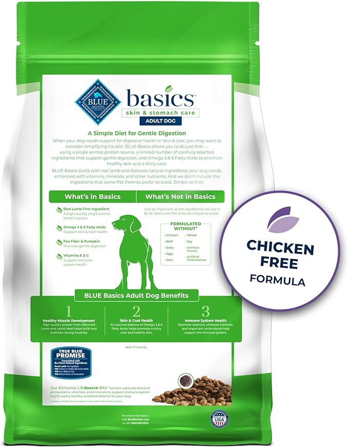 Blue Buffalo Basics Adult Grain-Free Dry Dog Food for Skin & Stomach Care, Limited Ingredient Diet, Made in the USA with Natural Ingredients, Lamb & Potato Recipe, 4-lb. Bag