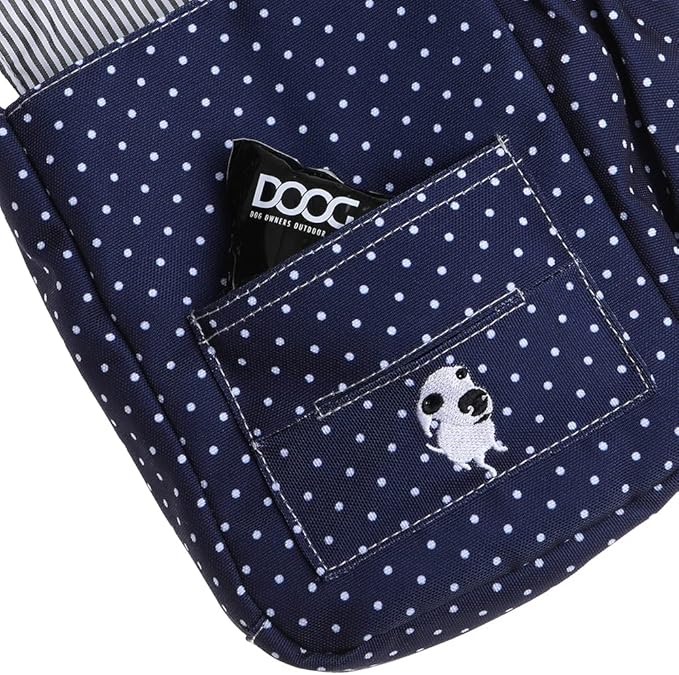 DOOG | Walkie Bag | Adjustable Shoulder Bag with Poo Bag Compartment and Water Bottle Compartment | Navy with Polka Dots