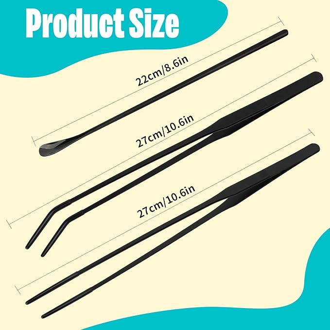 3 Pcs Stainless Steel Reptile Feeding Tool Set with 2 Rubber Tipped Tongs and 1 Crested Gecko Feeding Spoon, Crested Gecko Tank Accessories for Geckos, Lizards, Bearded Dragons,Black