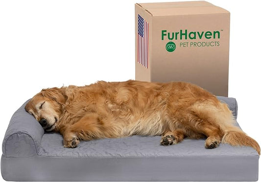 Furhaven Cooling Gel Dog Bed for Large Dogs w/ Removable Bolsters & Washable Cover, For Dogs Up to 95 lbs - Pinsonic Quilted Paw L Shaped Chaise - Titanium, Jumbo/XL