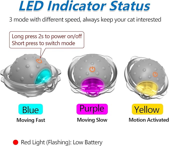 Motion Activate Interactive Cat Toys - Automatic Moving Ball Toys for Indoor Cats, Self Rotating Ball with Lights, Electric Cat Mice Toys, USB Rechargeable, Auto On/Off