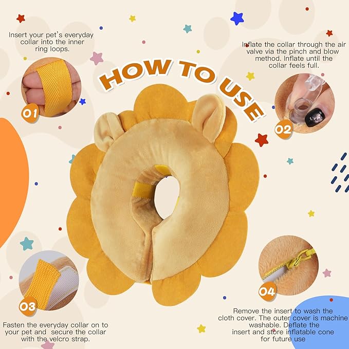 IEUUMLER Inflatable Recovery Dog Collar, Protective Donut Cone, Adjustable Soft Collar for Dog and Cat After Surgery Prevent from Biting & Scratching EU002 (XL (Neck:17.7"-23.6"), Brown Lion)