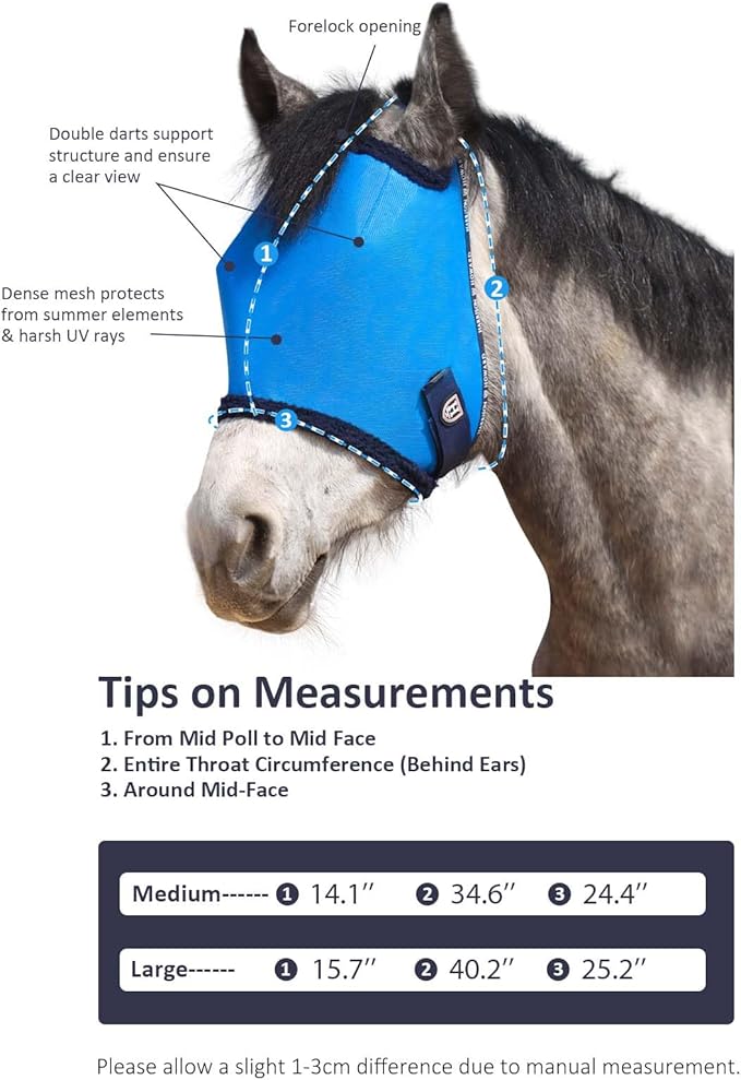 Harrison Howard All Round Mesh Horse Fly Mask UV Protective with Fleece Padded Edging Sky Blue L