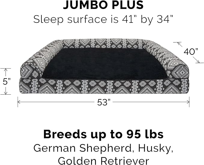 Furhaven Orthopedic Dog Bed for Large Dogs w/ Removable Bolsters & Washable Cover, For Dogs Up to 125 lbs - Plush & Southwest Kilim Woven Decor Sofa - Black Medallion, Jumbo Plus/XXL