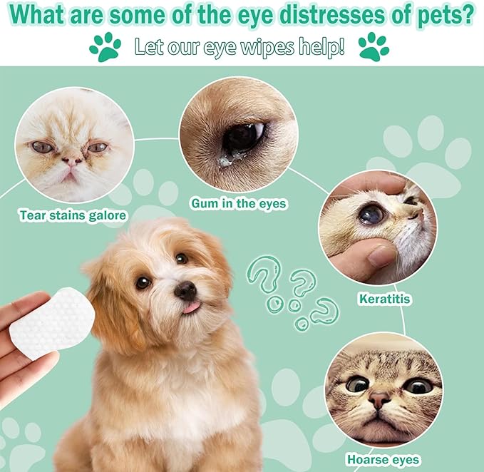 Pet Eyes Wipes for Dogs & Cats, Soft Gentle Tear Stain Remover Wipes, Non-Irritant Presoaked Eye Wash Pads, Natural Unscented Pet Eye Wipes for Remove Tear Stain, Eye Debris, Discharge, 100 Counts