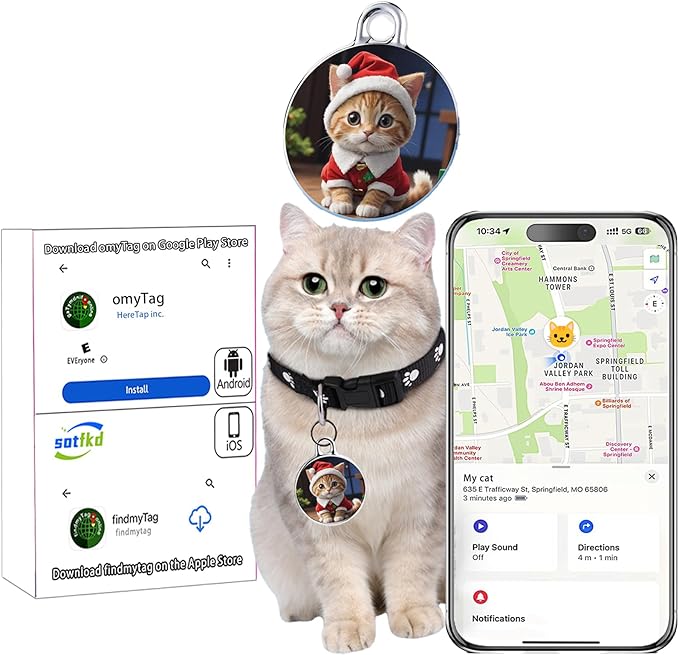 Cat Tracker-Pet Tracker-Cat Tracker Collar | No Charging Required | No Monthly Fee | Waterproof | Works with Any Collar (Android and iOS Universal)