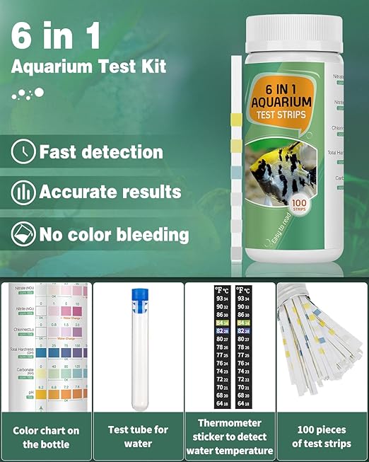 Pawfly 6 in 1 Aquarium Test Strips, 100 Strips Fish Tank Testing Strips for pH Chlorine Nitrate Nitrite Carbonate and Hardness Water Quality Freshwater Saltwater Test Kits