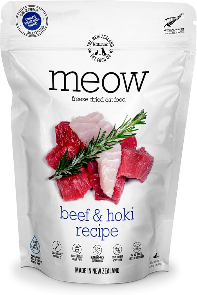 Meow Beef & Hoki Freeze Dried Raw Cat Food, Mixer, or Topper, or Treat - High Protein, Natural, Limited Ingredient Recipe 9.9 oz