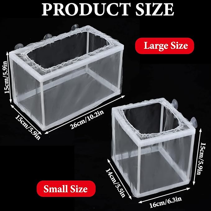 2 Pack Fish Breeding Box, 2 Pcs Fish Tank Breeder Net, Aquarium Separation Net Nylon Incubator Mesh, Fry Hatchery Incubator Mesh with 8 Suction Cup for Newborn Small Fish (Small Size, Big Size)