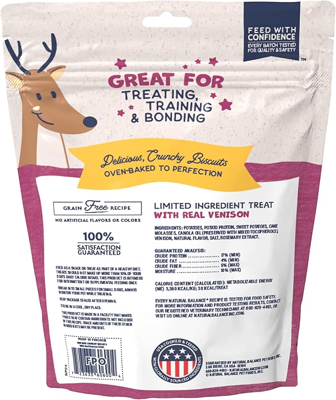 Natural Balance Limited Ingredient Rewards Crunchy Biscuits, Grain-Free Dog Treats for Adult Dogs of All Breeds, Venison Recipe, 14 Ounce (Pack of 1)