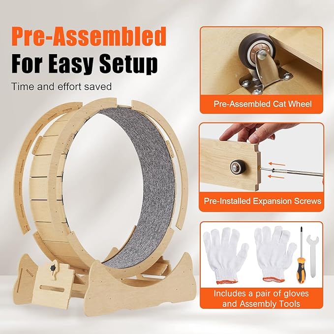Cat Exercise Wheel for Indoor Cats, 40inch Large Cat Treadmill with Noise Reduction Port and Lock, Solid Wood Cat Running Wheels