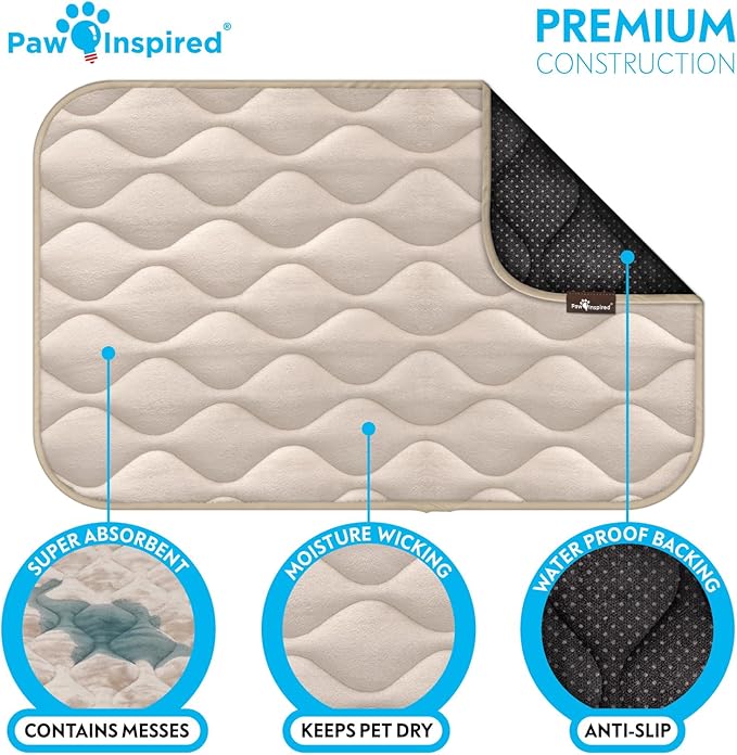 Paw Inspired Washable Padded Crate Mats for Dogs | 29” x 18” Pad, Fits 30-inch Kennels | Leakproof, Waterproof Bottom, Plush Pet Beds (Tan)