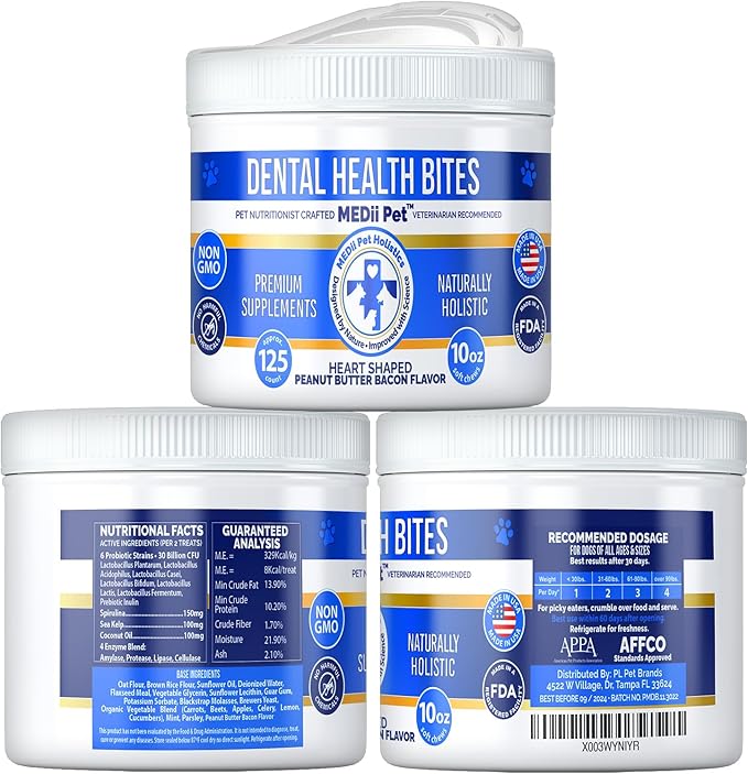 Dog Dental Bites: Tartar and Plaque Remover, Breath Freshener, Dog Dental Treats Comparable to Greenies and Dentastix, Ideal for Teeth Cleaning, Suitable for All Dogs. Large Jar 125 Pieces.