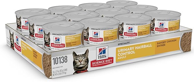 Hill's Science Diet Urinary Hairball Control, Adult 1-6, Urinary Track Health & Hairball Control Support, Wet Cat Food, Chicken Minced, 2.9 oz Can, Case of 12