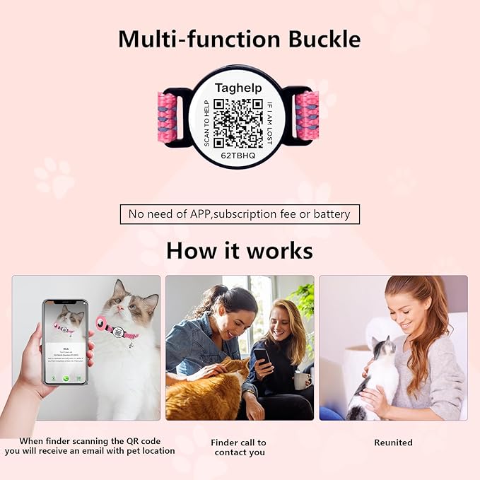 Reflective Cat Collar Personalized with Name ID Tag and Bell. QR Code Name Tag, Cat Smart ID Tag Breakaway.Ultra-Durable, Adjustable, Quick Release, Fits Most Cats (Pink B)