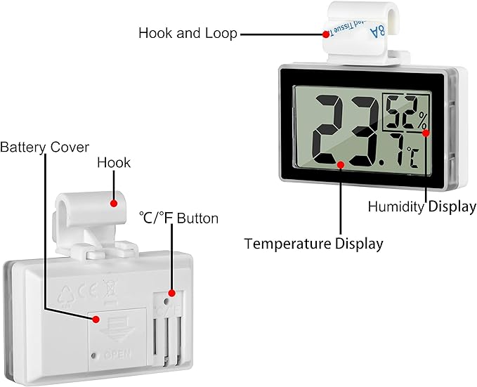 Reptile Thermometer Hygrometer LCD Digital Humidity Gauge Digital Thermometer Hygrometer for Reptile Terrarium Digital Reptile Tank Thermometer Hygrometer with Hook (Black)