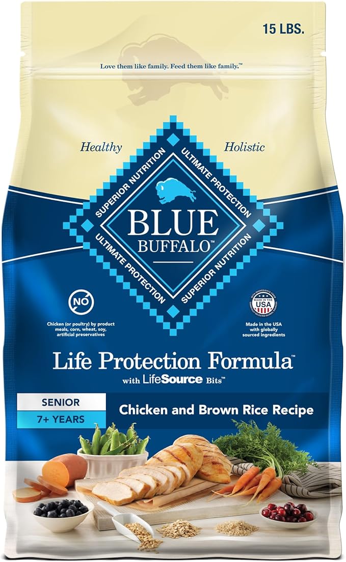 Blue Buffalo Life Protection Formula Senior Dry Dog Food, Supports Joint Health and Mobility, Made with Natural Ingredients, Chicken & Brown Rice Recipe, 15-lb. Bag