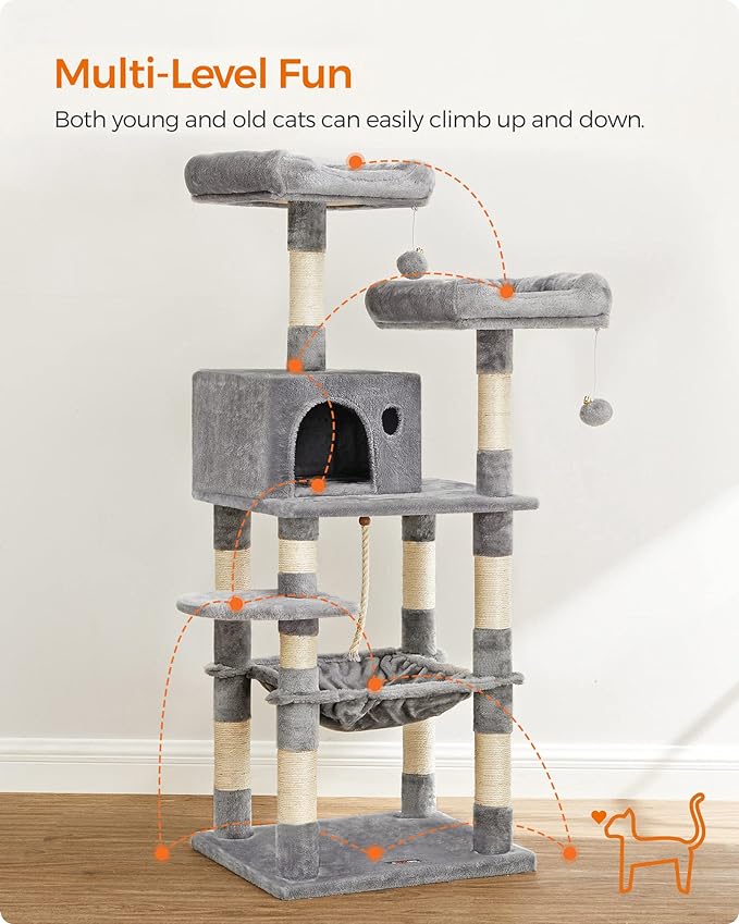 FEANDREA Cat Tree, Cat Tower for Indoor Cats, 56.3-Inch Cat Condo with Scratching Posts, Hammock, Plush Perch, Light Gray UPCT15W