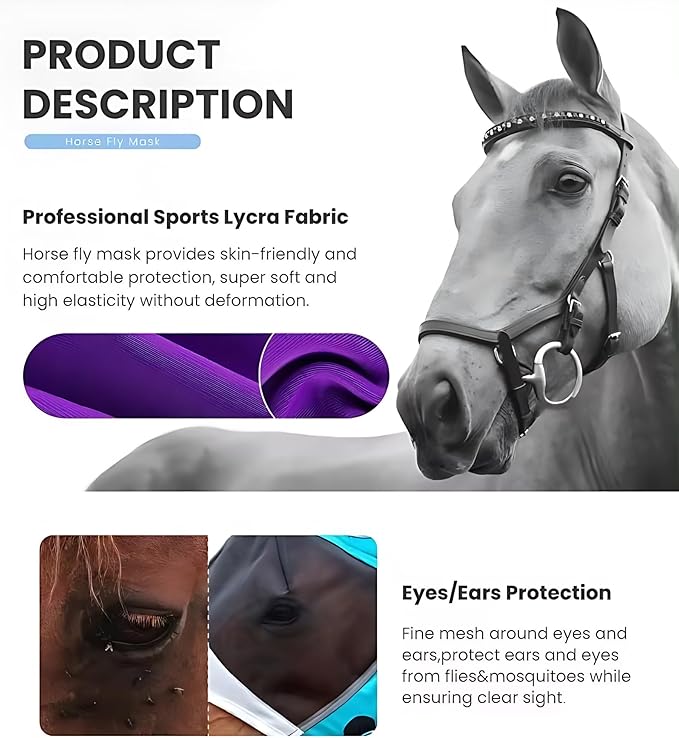 Horse Fly Mask - Fly Masks for Horses with Ears, Horse Sunscreen, Sunscreen for Horses, UV Fly Mask for Horses, Horse Fly Mask UV Protection, Cattle Fly Mask, Fly Masks for Horses, Fly Mask