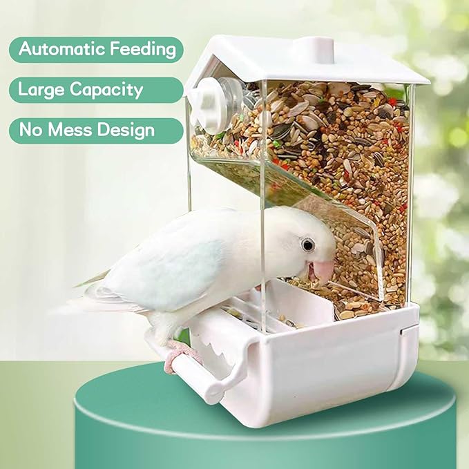 No Mess Bird Feeder for Cage 5Pcs Automatic Parrot Feeder Transparent Acrylic Seed Food Container Cage Accessories with Ball Toy for Small and Medium Parakeets Lovebirds Canaries (White)