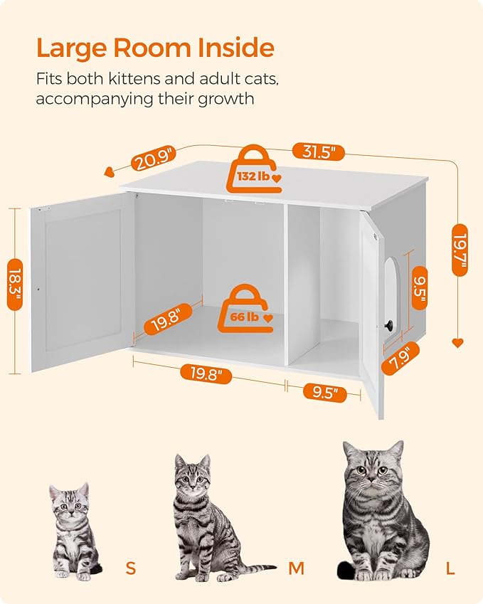 Feandrea Cat Litter Box Enclosure, Litter Box Furniture Hidden with Removable Divider, Indoor Cat House, End Table, 31.5 x 20.9 x 19.7 Inches, White UPCL002W01