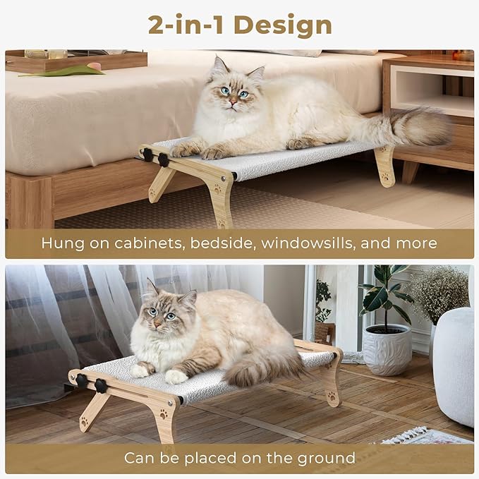 Cat Window Perch, Cat Window Hammock with Wood & Metal Frame for Large Cats, Adjustable Cat Perch for Windowsill, Bedside, Drawer and Cabinet (Dual-Use, X-Large Size - 27.5'')