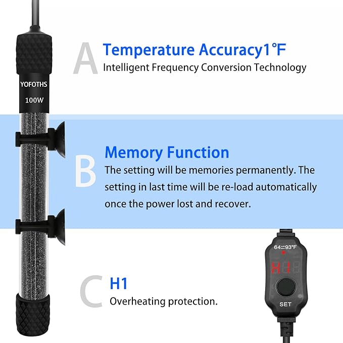 Adjustable Mini Aquarium Heater 10-20 Gallons Submersible Small Fish Tank Heater 100W Digital Display Thermostat External Temperature Controller (100W)