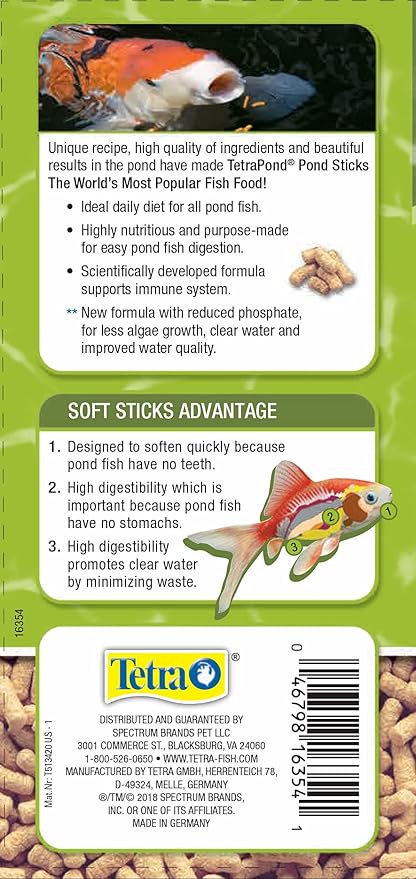 Tetra Pond Sticks, Koi Fish & Goldfish Food, Soft Sticks, Easy to Digest Floating Pond Fish Food, 3.53 ounces