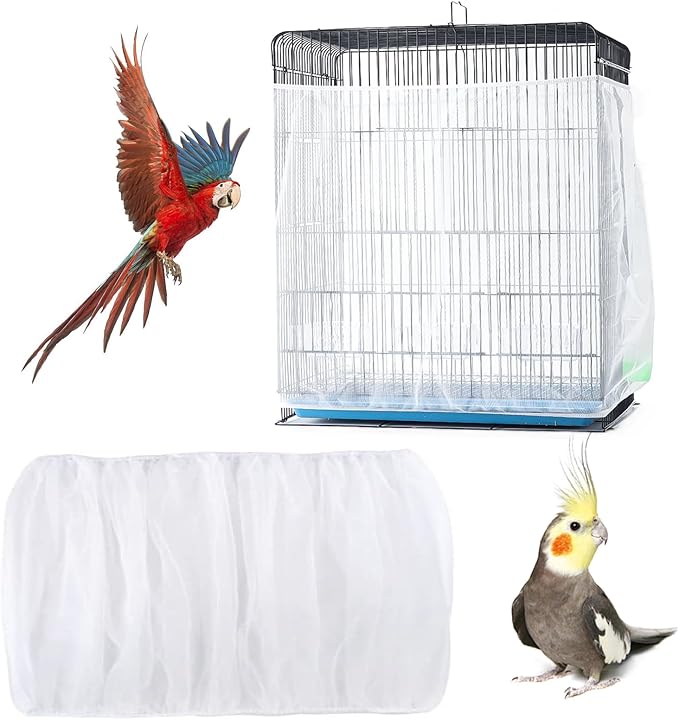 Bird Cage Seed Catcher, Bird Cage Net Cover Adjustable Bird Cage Netting Seed Catcher for Bird Cages Seed Catcher Guard Net Cover Bird Cage Skirt for Parrot Parakeet Macaw Round Square Cages - White