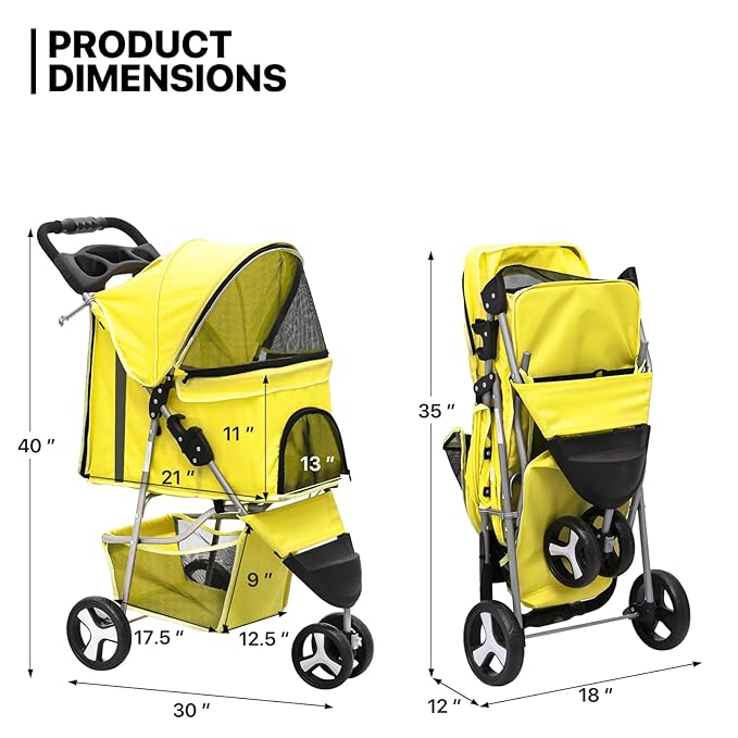 MoNiBloom Foldable Pet Stroller with Waterproof Cover, 3-Wheels Dog Strolling Cart for Small/Medium Dogs and Cats with Storage Basket and Cup Holder, Breathable and Visible Mesh for All-Season, Yellow