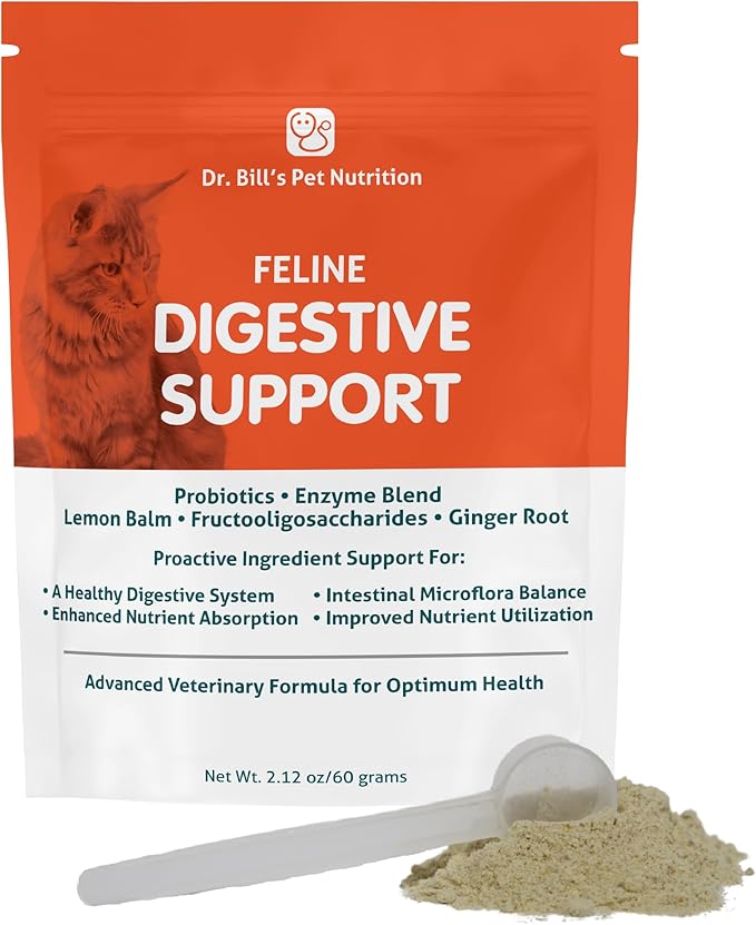 Dr. Bill's Feline Digestive Support Cat Prebiotics and Probiotics with Ginger Root, Psyllium Husk, Lemon Balm & More | 41 Active Ingredients for Better Digestion & Gut Health | Made in The USA