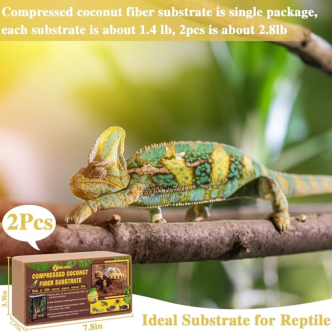 ZeeDix 2Pcs Compressed Coconut Fiber Substrate, 100% Organic Coco Coir Fiber Brick Substrate Fluffy Bearded Dragon Tortoise Snake Terrarium Substrate Loose Natural Husk Terrarium Bedding for Reptiles