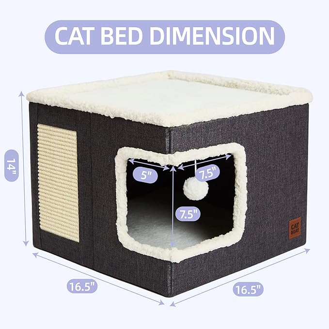 CATBOAT Cat Bed for Indoor Cats Cube House, Covered Cat Cave Beds & Furniture with Scratch Pad and Hideaway Tent, Cute Modern Cat Condo for Multi Small Pet Large kitten kitty, Grey