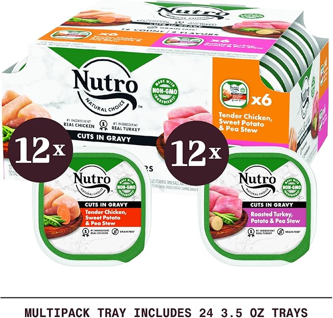 NUTRO Adult Natural Grain Free Wet Dog Food Cuts in Gravy Tender Chicken, Sweet Potato & Pea Stew Recipe and Roasted Turkey, Potato & Pea Stew Recipe Variety Pack, 3.5 oz. Trays (Pack of 24)