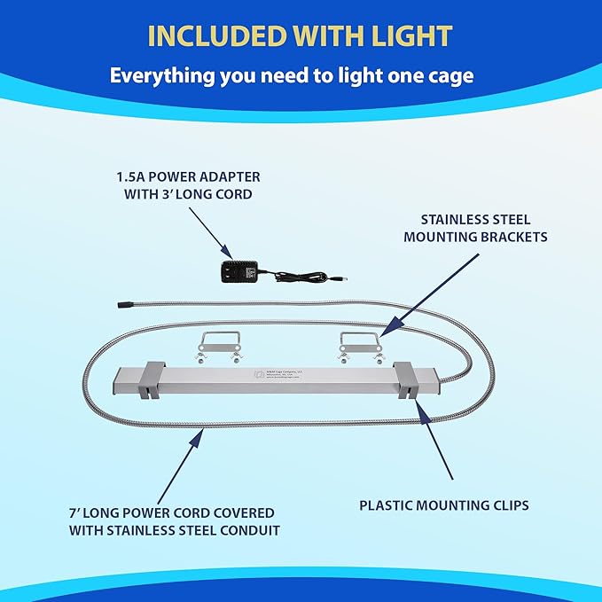 HappyBird Lighting Bird Cage Light with Chew Guard - Full Spectrum LED Pet Light - Simulates Natural Environment - Safe for Hookbill Birds – Easy to Install - (18" Long)