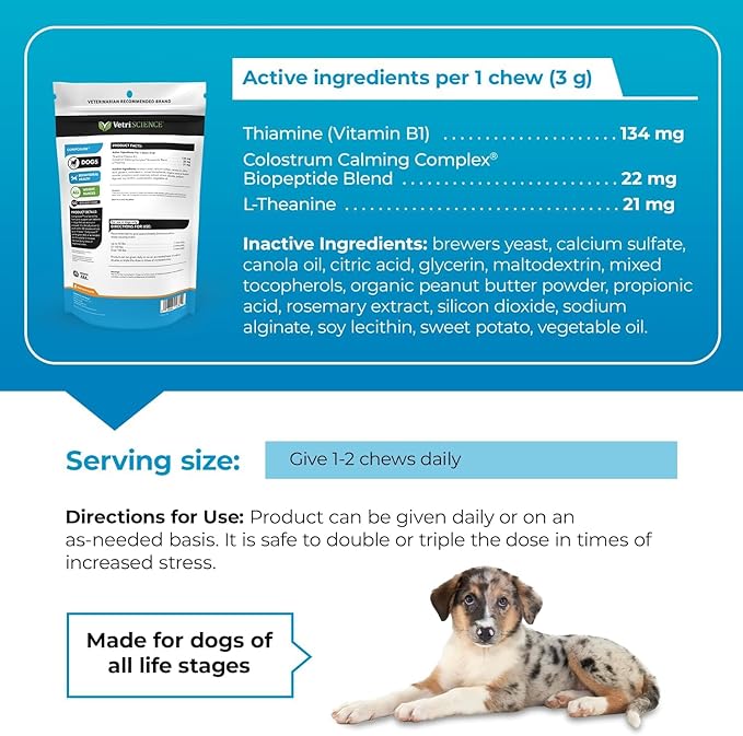 VETRISCIENCE Composure Calming Chews for Dogs - Clinically Proven Dog Anxiety Relief Supplement with Colostrum, L-Theanine & Vitamin B1 for Stress, Storms, Separation & More - 60 Peanut Butter Chews