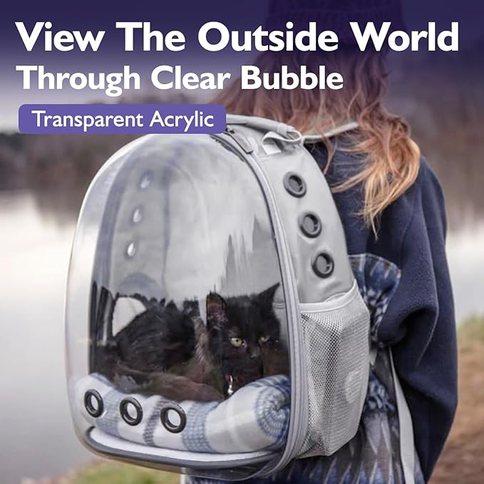 Pawaboo Cat Backpack Carrier, Pet Bubble Carrying Bag for Small Medium Kitty Puppy, Transparent Cat Space Capsule Backpack Airline Approved, Breathable Cat Travel Bag for Hiking Walking Camping, Gray