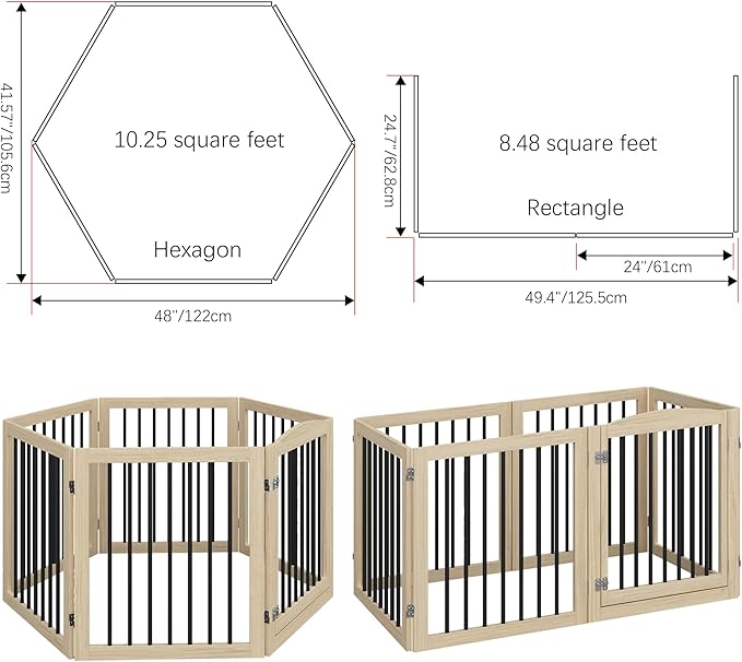 Folding Pet Gate 144" Wide, 30" Tall No-Assembly Wooden Dog Gate with Door Walk Through, Freestanding Pet Gate, Puppy Safety Fence, with 2PCS Support - Natural White