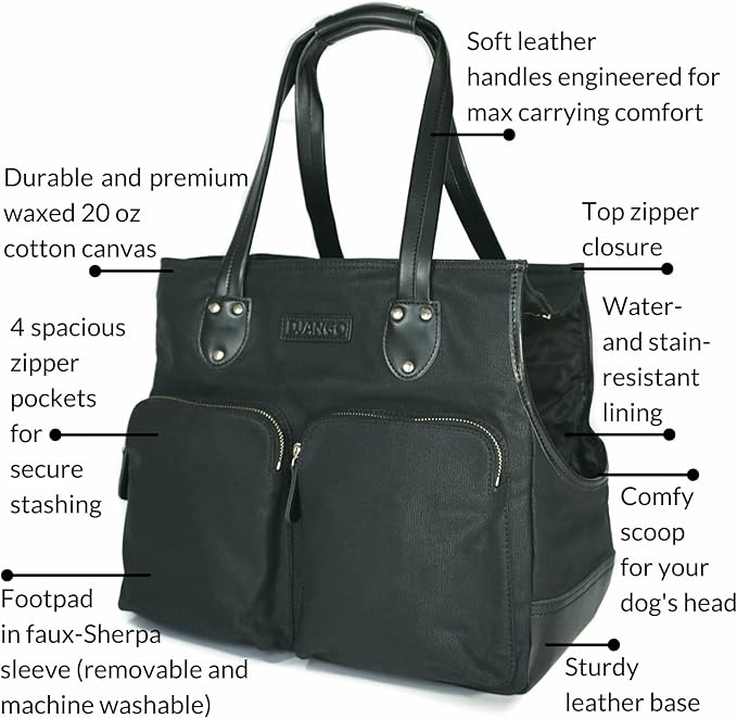 DJANGO Dog Carrier Bag - Waxed Canvas and Leather Soft-Sided Pet Travel Tote with Bag-to-Harness Safety Tether & Secure Zipper Pockets (Medium, Black)