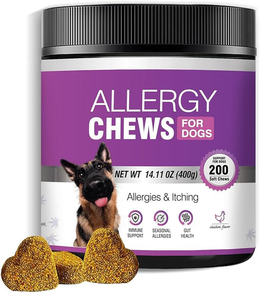 Dog Allergy Chews 200PCs - Dog Allergy and Itching Skin Relief Anti Itch Aller Immune Bites for Dogs Itching Itchy Paw Relief Itch Allergy Probiotics Support Chew Vitamins for Skin and Coat Allergies