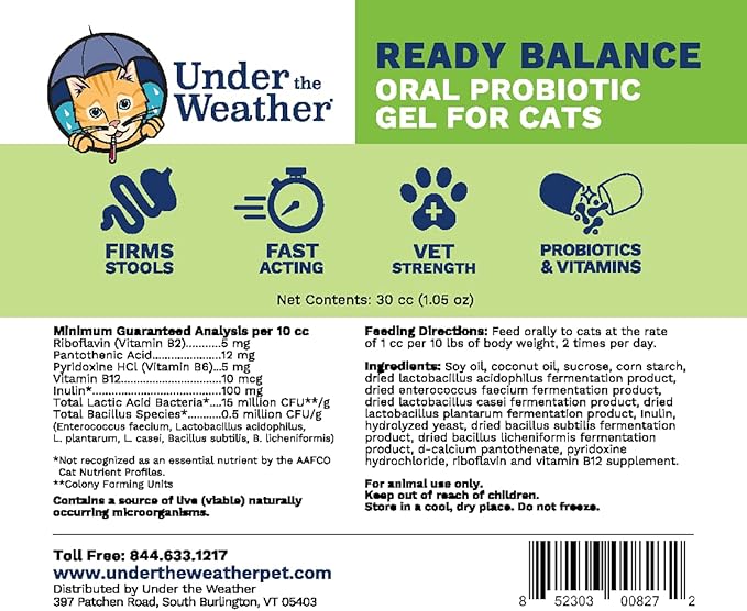 Under the Weather Pet | Ready Balance for Cats | Oral Probiotic and Prebiotic Gel | Maximum Strength Digestive Support | Beneficial Bacteria, Live Probiotics, Vitamins & Prebiotic Inulin