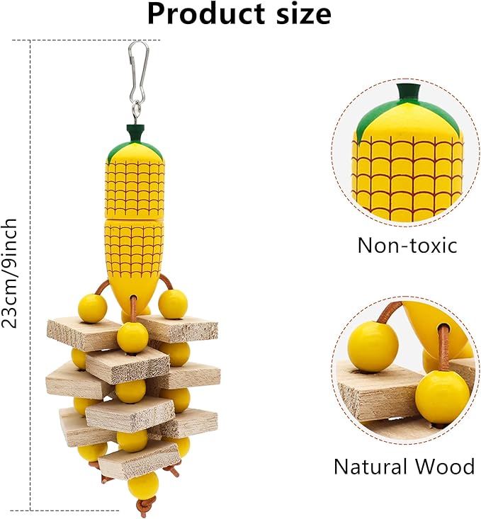 Bird Parrot Toys with Wood Blocks Beads and Colorful Ball, Corn & Carrot Style Hanging Parrots Cage Chewing Cascade Bite Toy for Small Medium Birds (Corn+Carrot)