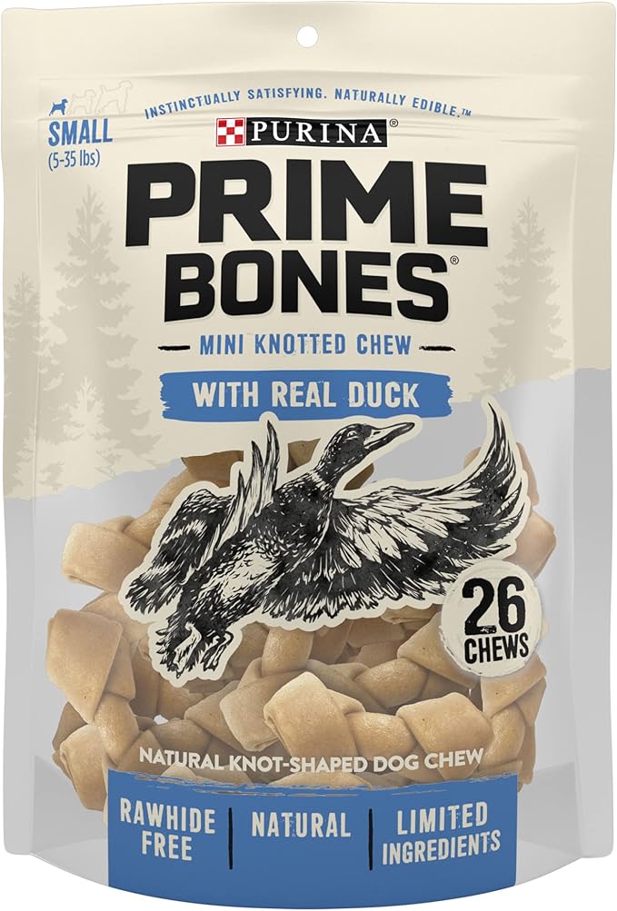 Prime Bones Purina Mini Knotted Chews Rawhide Free, Natural Dog Treats with Real Duck - 26 ct. Pouch, 16.5 oz