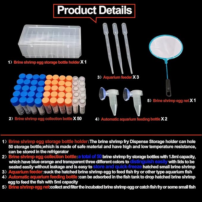 brine Shrimp Egg Dispense Storage Bottle kit for brine Shrimp Hatchery with 50 brine Shrimp Egg Collection Bottles,Bottles Holder,3 Aquarium feeders,2 Automatic Feeding Bottles,Collecting net