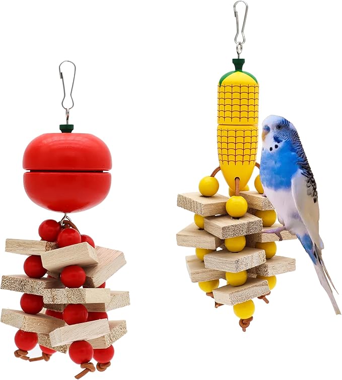 Bird Parrot Toys with Wood Blocks Beads and Colorful Ball, Hanging Parrots Cage Chewing Cascade Bite Toy for Small Medium Birds Vegetable Style(Tomato+Corn)