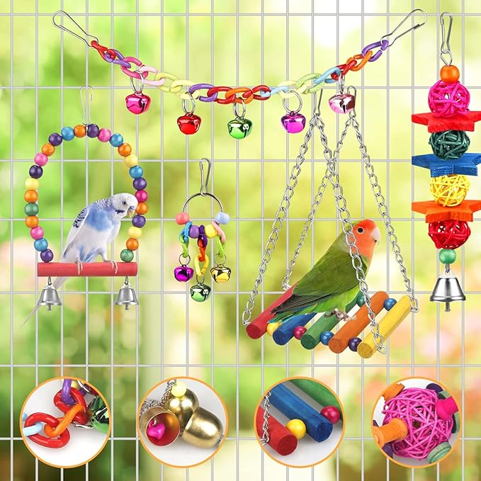 Bird Toys for Conures with Colorful Ladder hammock Bird Cage Accerious Bird Perch Stand Chewing Toys Hanging Bell Parrot Parakeet Cockatiel Lovebirds