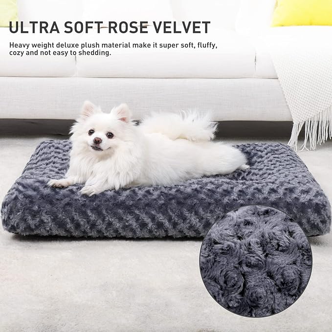 KSIIA Washable Dog Bed Deluxe Plush Dog Crate Beds Fulffy Comfy Kennel Pad Anti-Slip Pet Sleeping Mat for Large, Jumbo, Medium, Small Dogs Breeds, 23" x 18", Dark Grey