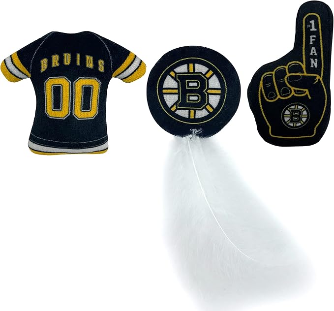 BEST PLUSH CAT TOY: NHL BOSTON BRUINS Complete Set of 3 piece Cat Toys filled with Fresh Catnip. Includes: 1 Jersey Cat Toy, 1 Hockey Puck Cat Toy with Feathers & 1 #1 Fan Cat Toy. Beautiful Team LOGO