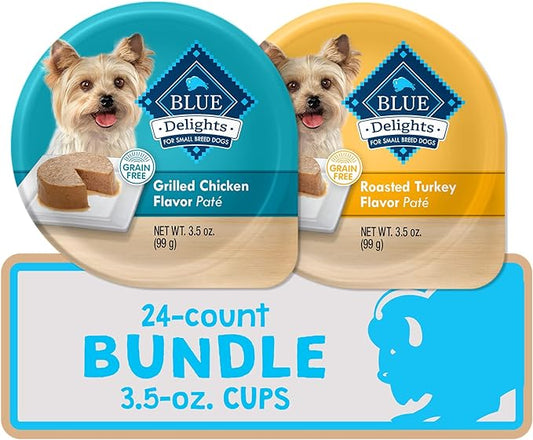 Blue Buffalo Delights Natural Adult Small Breed Wet Dog Food Cups, Pate Style, Roasted Turkey & Grilled Chicken 3.5-oz (24 Count - 12 of Each Flavor)